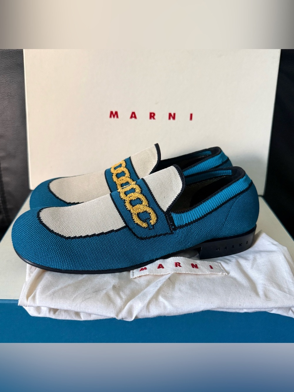NIB Marni Trompe L’oeil Jacquard Knit Moccasin Loafers Flats Blue White Size 36